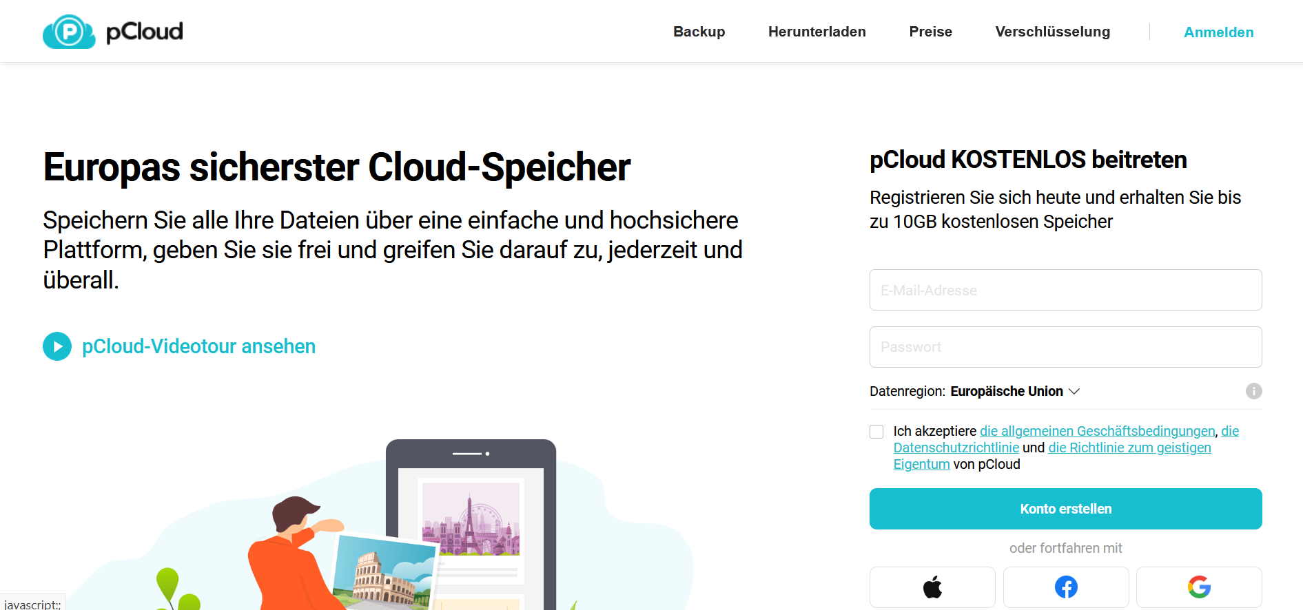 Screenshot der Vorstellungsseite von pCloud Screenshot der Vorstellungsseite von pCloud