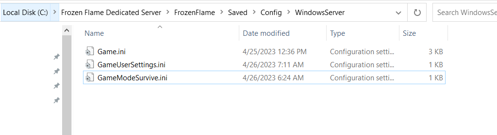 Frozen Flame: Dedicated-Server-Verzeichnis mit Konfigurationsdateien