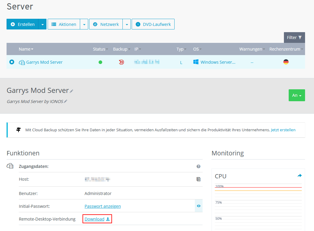 Screenshot der Serveransicht im IONOS-Kundenaccount