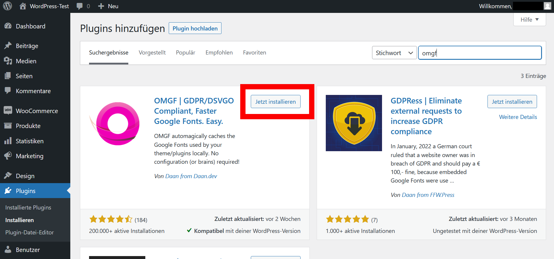 Screenshot des OMGF-Plugins unter „Plugins hinzufügen“ auf WordPress