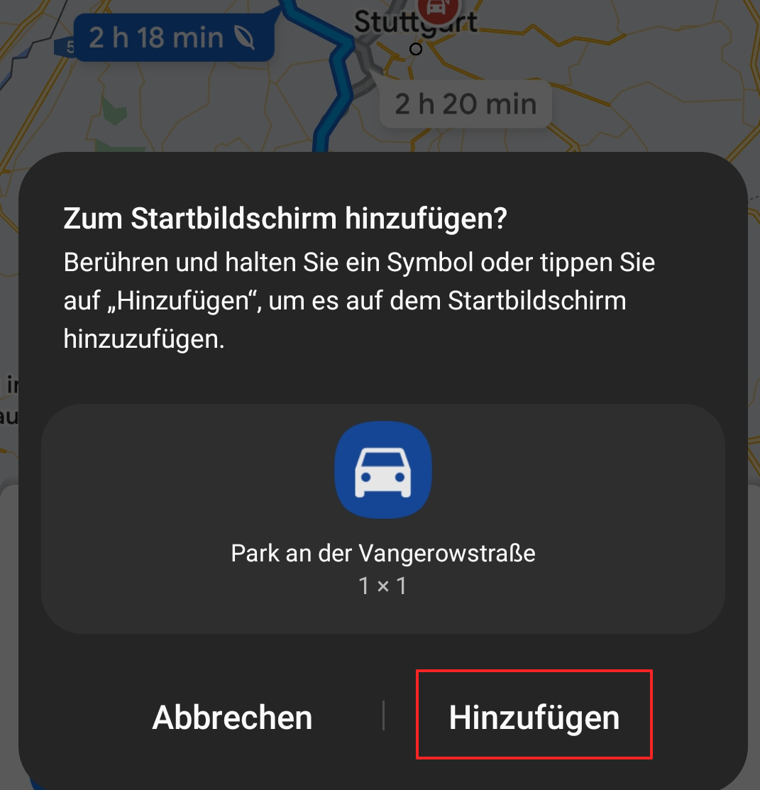 Screenshot der Funktion „Zum Startbild hinzufügen“ in Google-Maps