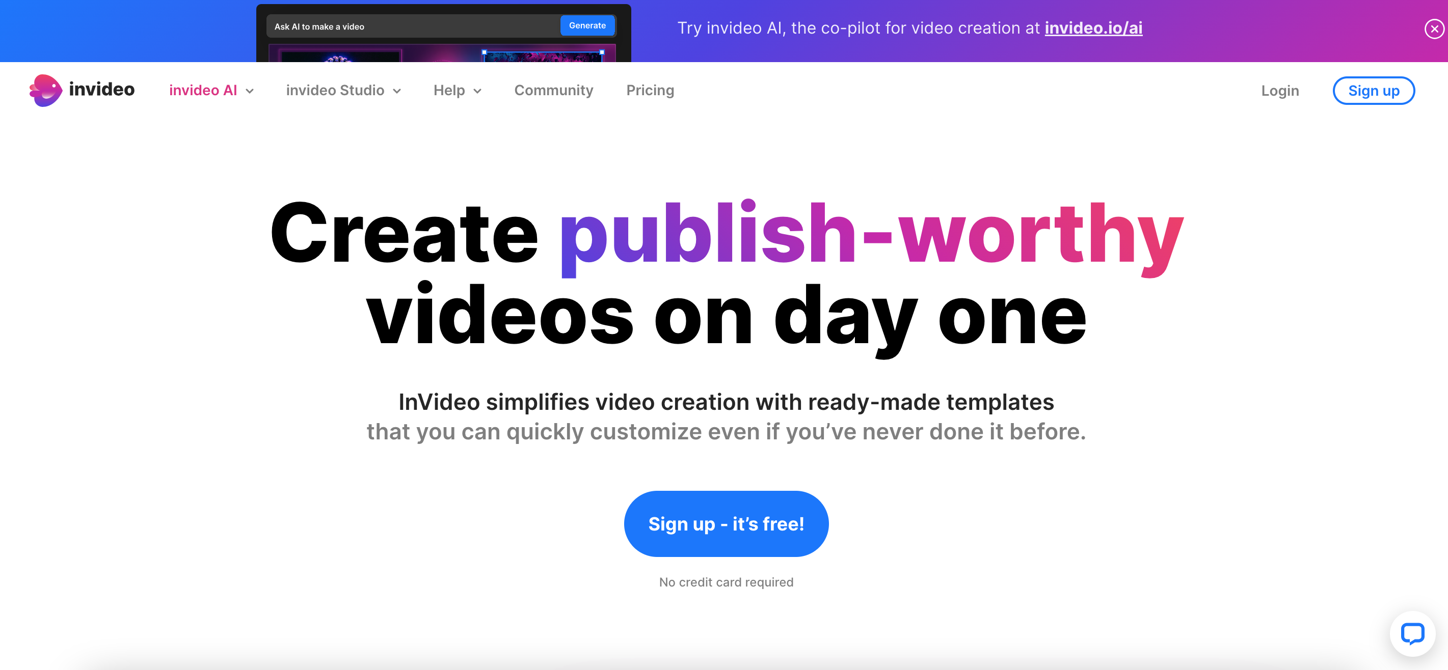 Screenshot der Homepage von InVideo Screenshot der Homepage von InVideo
