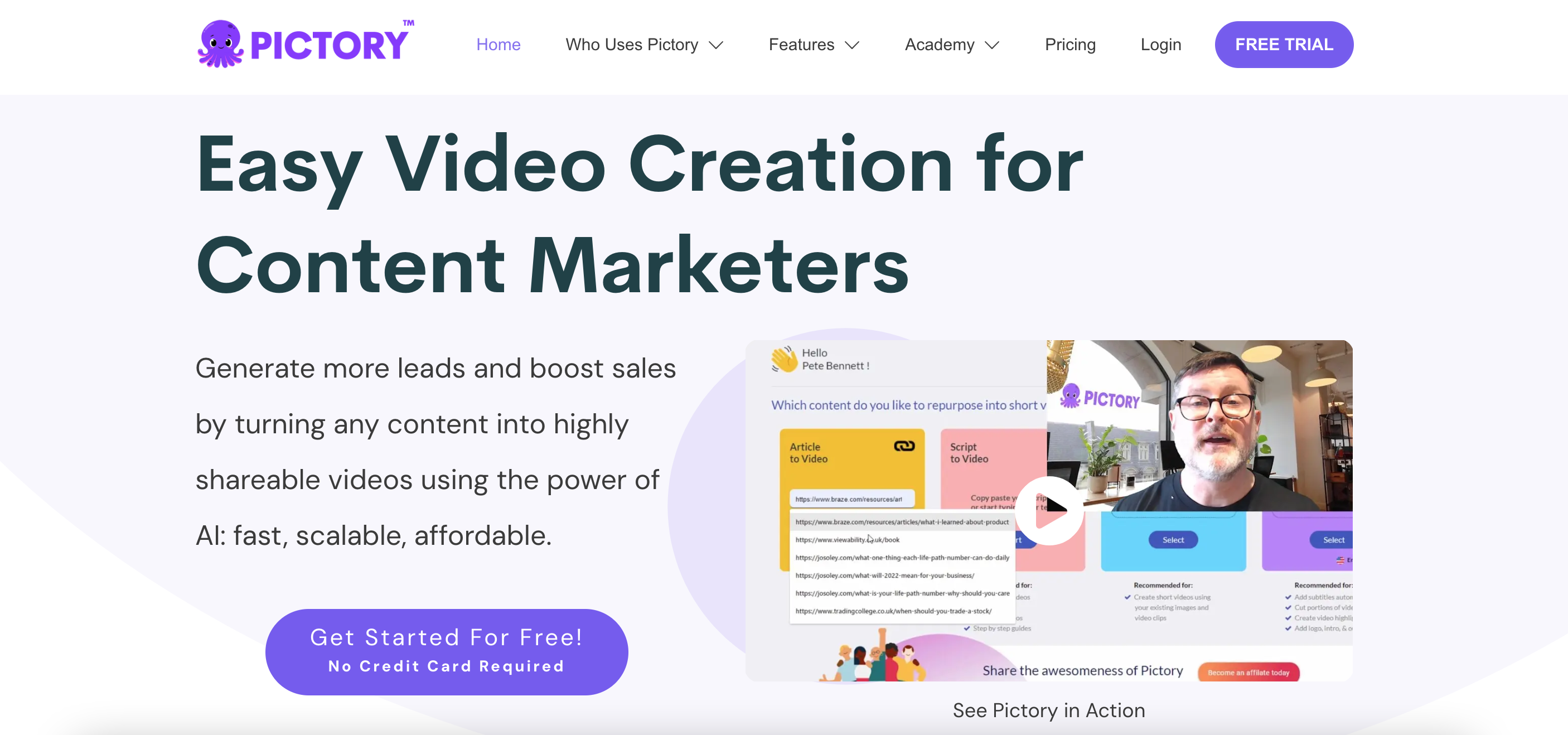 Screenshot der Homepage von Pictory Screenshot der Homepage von Pictory