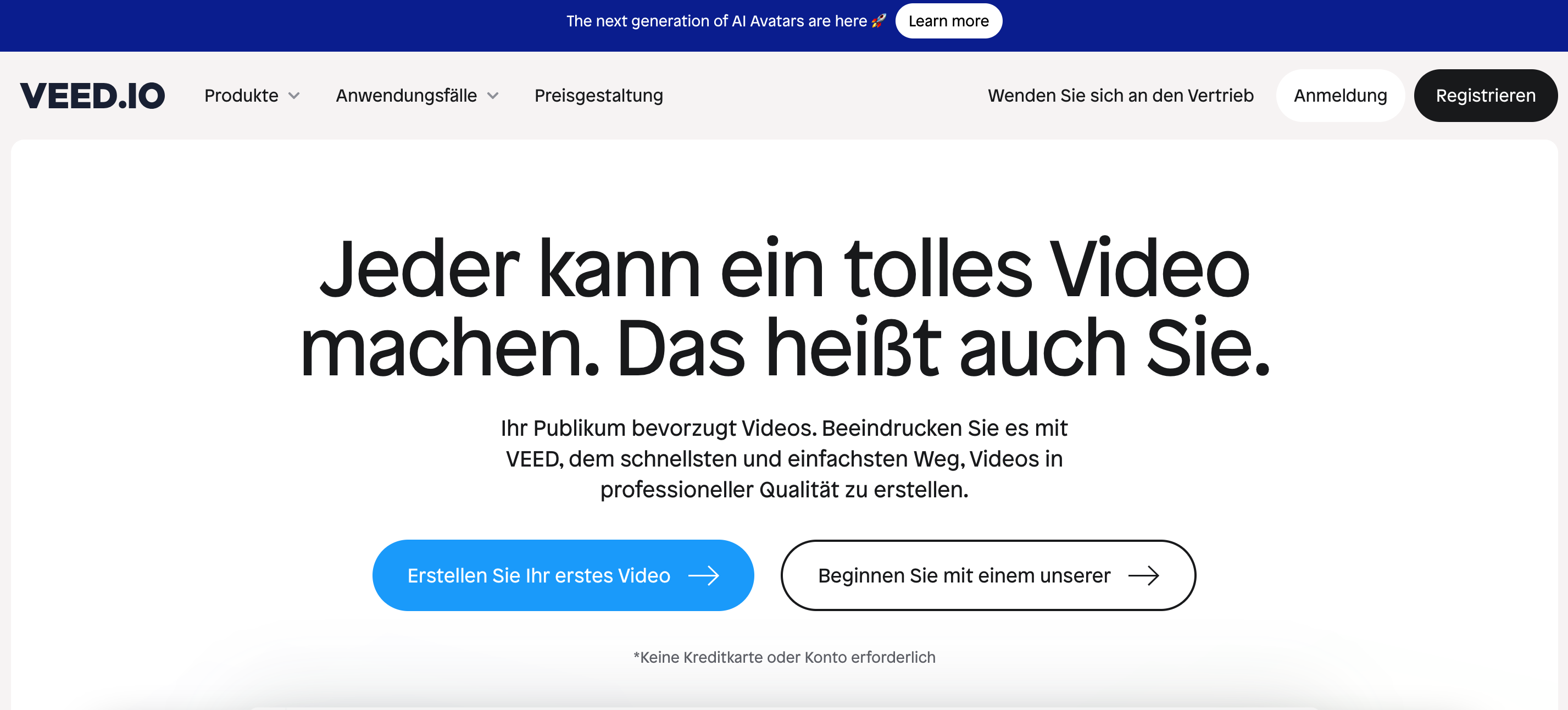 Screenshot der Homepage von Veed Screenshot der Homepage von Veed