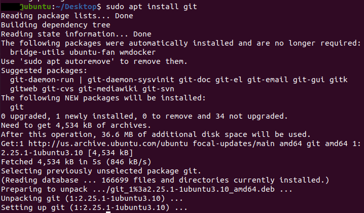 Terminal-Ansicht während der Installation von Git unter Ubuntu 22.04