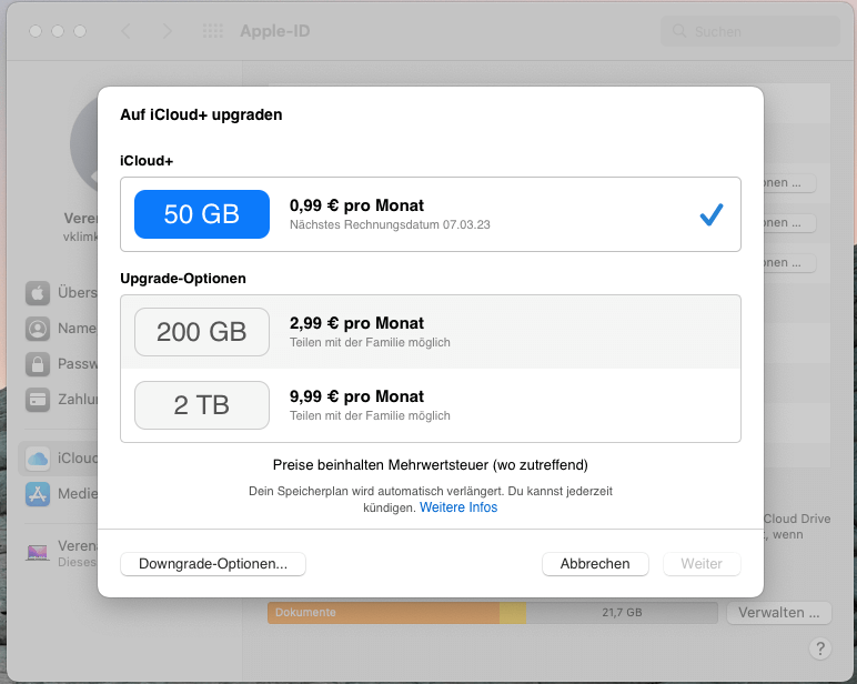 iCloud auf iCloud Plus upgraden auf dem Mac