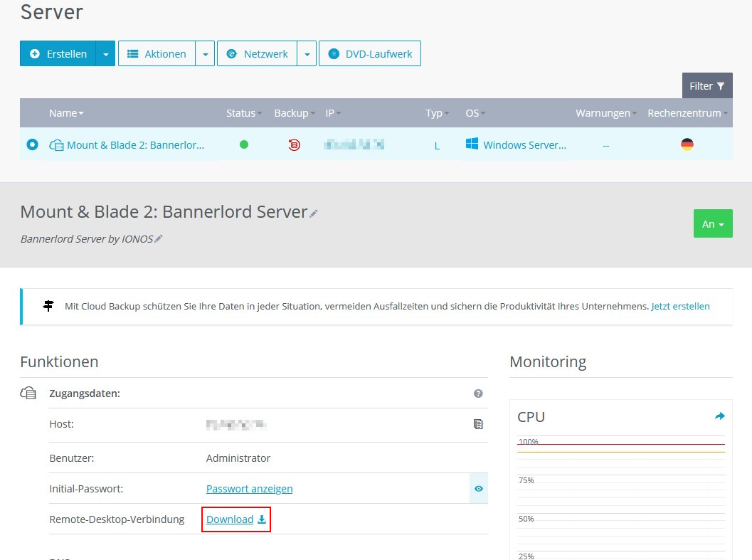 Bannerlord Server im IONOS-Kundenaccount