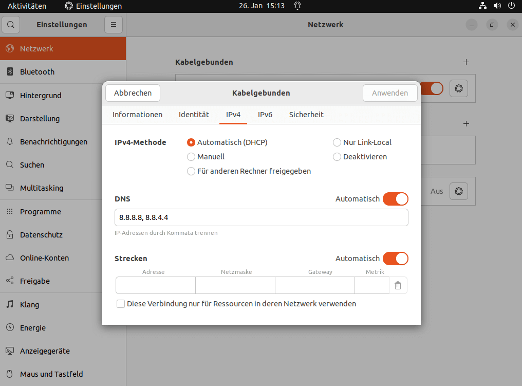 Netzwerkeinstellungen mit Eingabemaske für DNS-Server in Ubuntu
