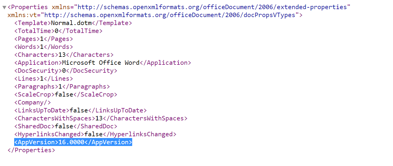 Versionsnummer von Office in der Datei app.xml