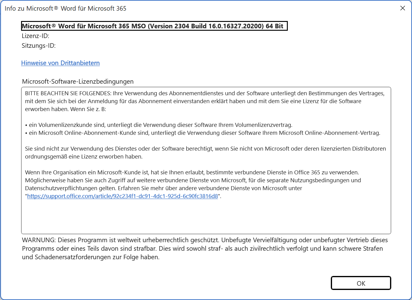 Microsoft Office: Das Dialog-Fenster „Info zu …“