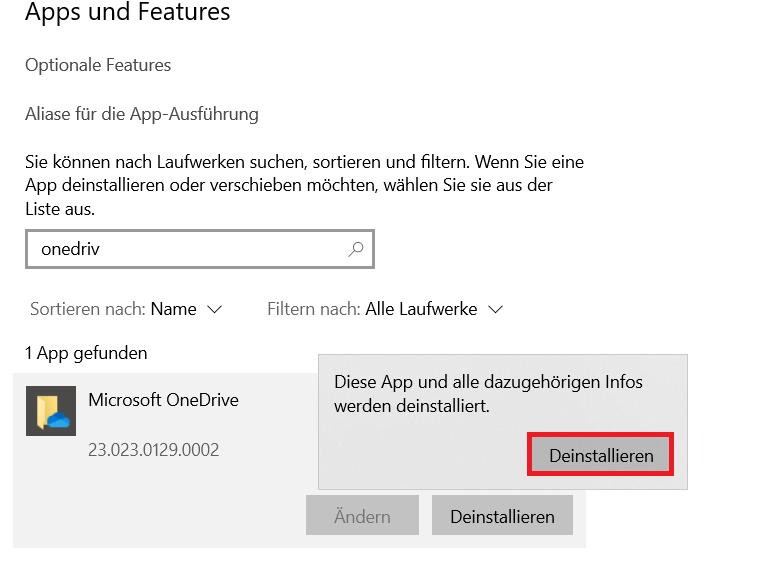 OneDrive können Sie in den Windows-Einstellungen deinstallieren OneDrive können Sie in den Windows-Einstellungen deinstallieren