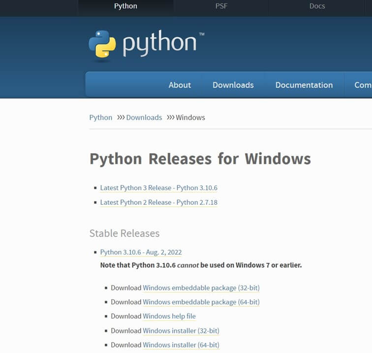 Screenshot der Python-Windows-Downloadseite