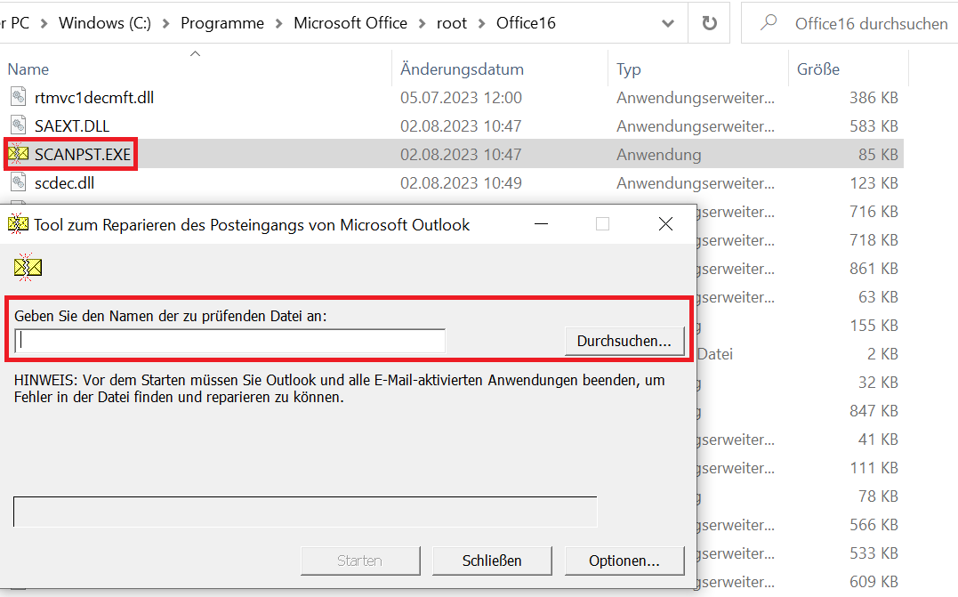 PST-Datei von Outlook mit scanpst.exe reparieren