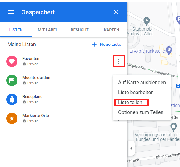 Screenshot der Markierungs-Kategorien bei Google Maps