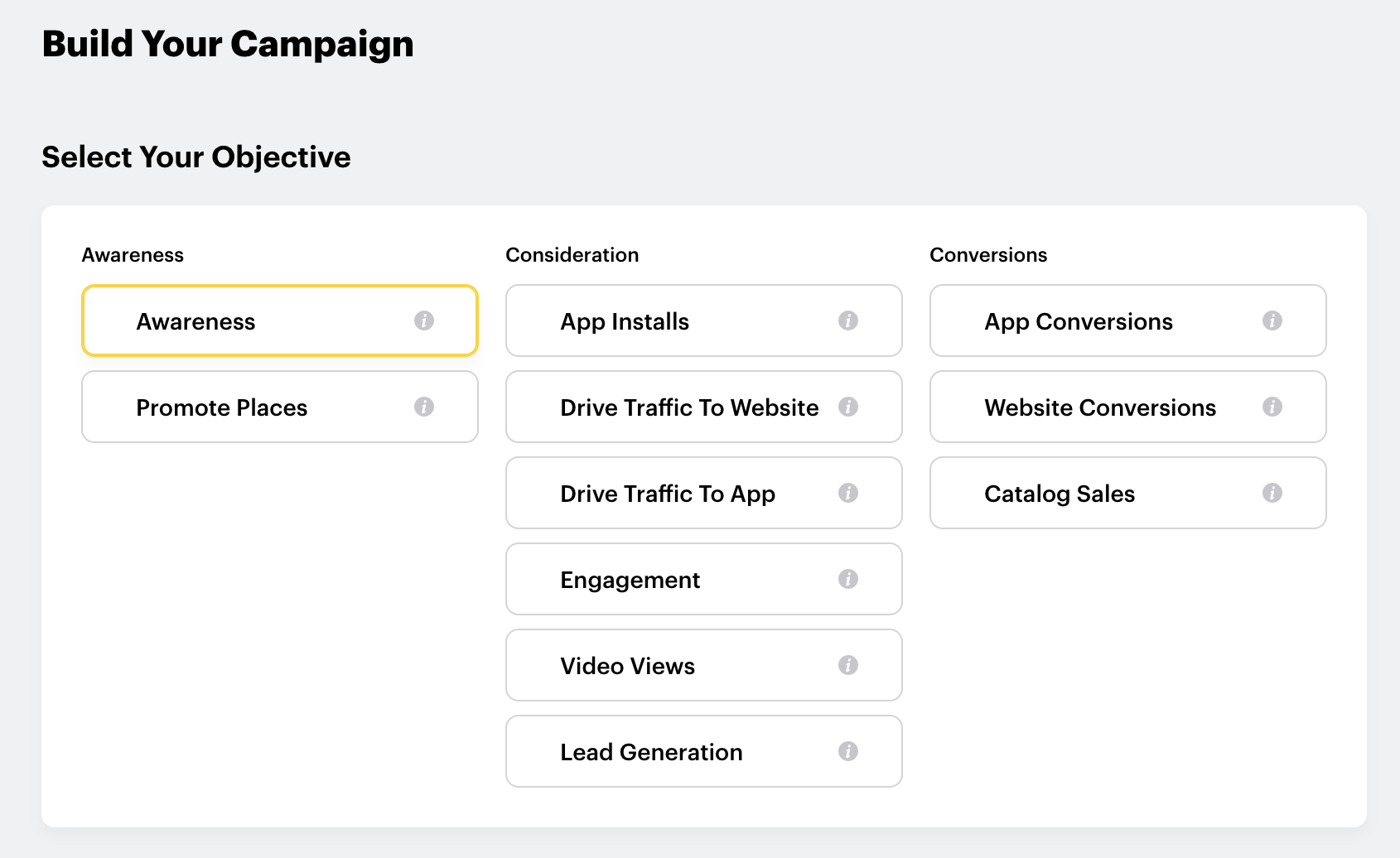 Screenshot der Seite „Build Your Campaign“ im Ads Manager