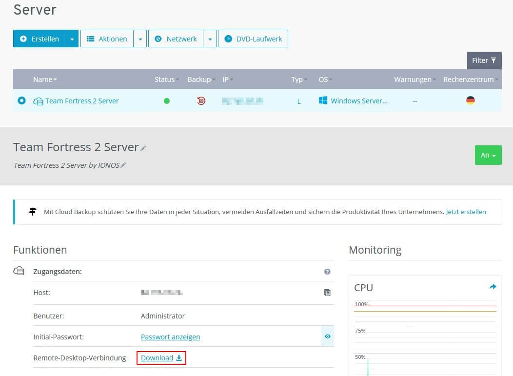 Übersicht zum Team Fortress 2 Server im IONOS-Kundenaccount