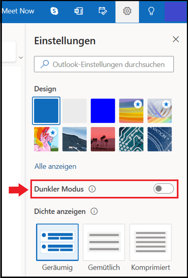 Die Option „Dunkler Modus“ in den Einstellungen der Outlook-Web-App Die Option „Dunkler Modus“ in den Einstellungen der Outlook-Web-App