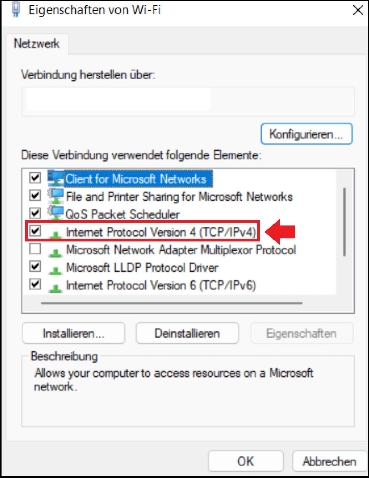 Windows-11- Eigenschaften-Menü des ausgewählten Netzwerkadapters mit verschiedenen Netzwerkelementen
