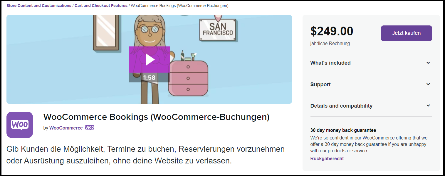 Die WooCommerce-Website des Plugins WooCommerce Bookings