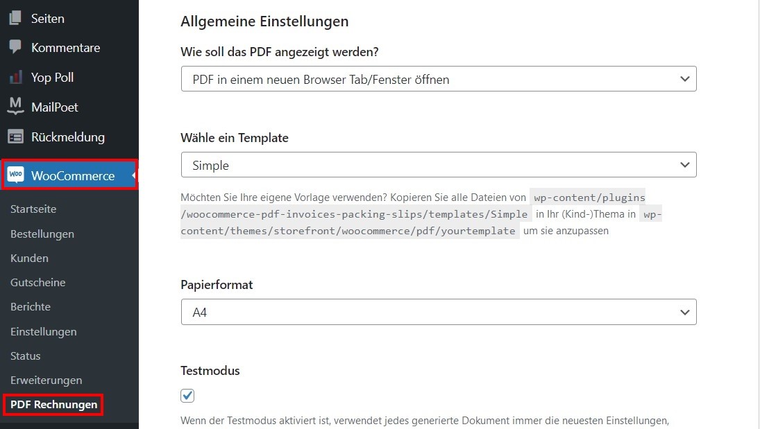 Menü „Allgemeine Einstellungen“ des WooCommerce-Plugins WooCommerce PDF Invoices &amp; Packing Slips