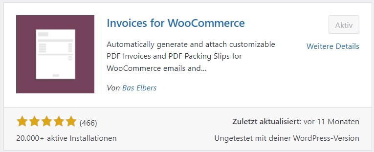 Plugin „Invoices for WooCommerce“ im WooCommerce-Backend