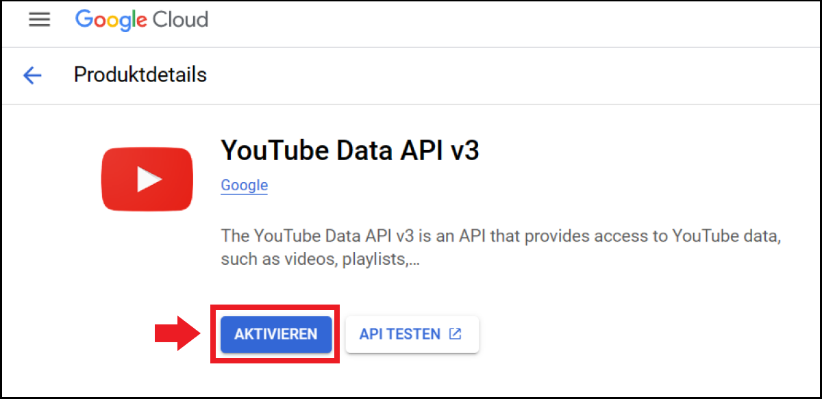 Aktivierung der ausgewählten YouTube APIs Aktivierung der ausgewählten YouTube APIs