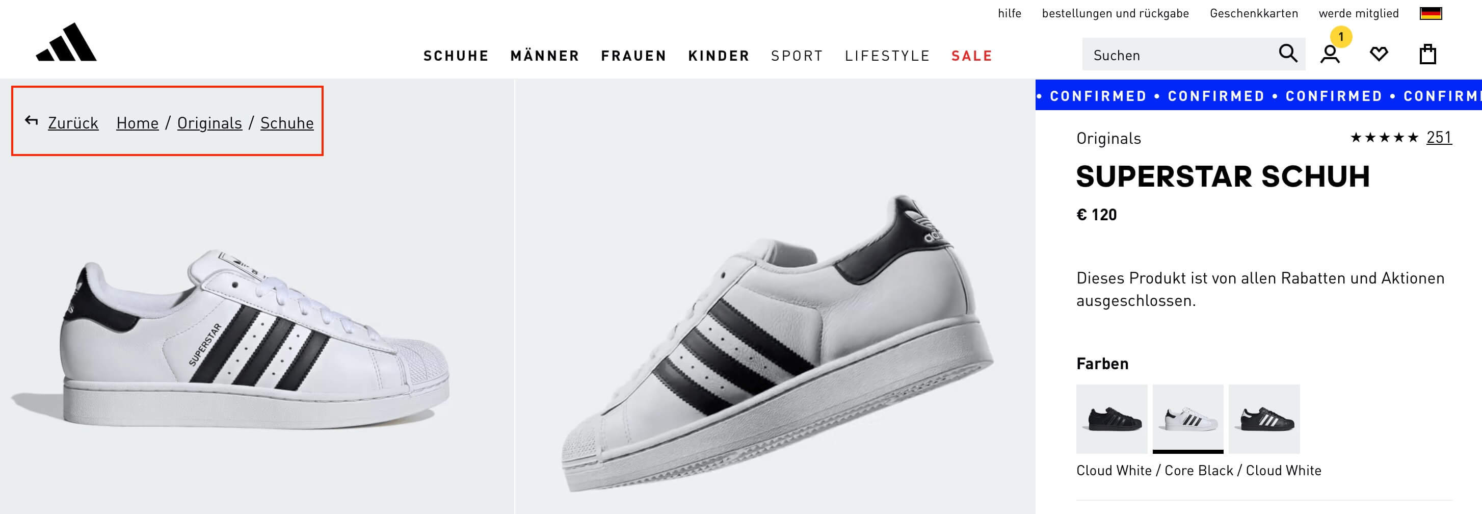 Screenshot der Adidas-Schuhekategorie Screenshot der Adidas-Schuhekategorie