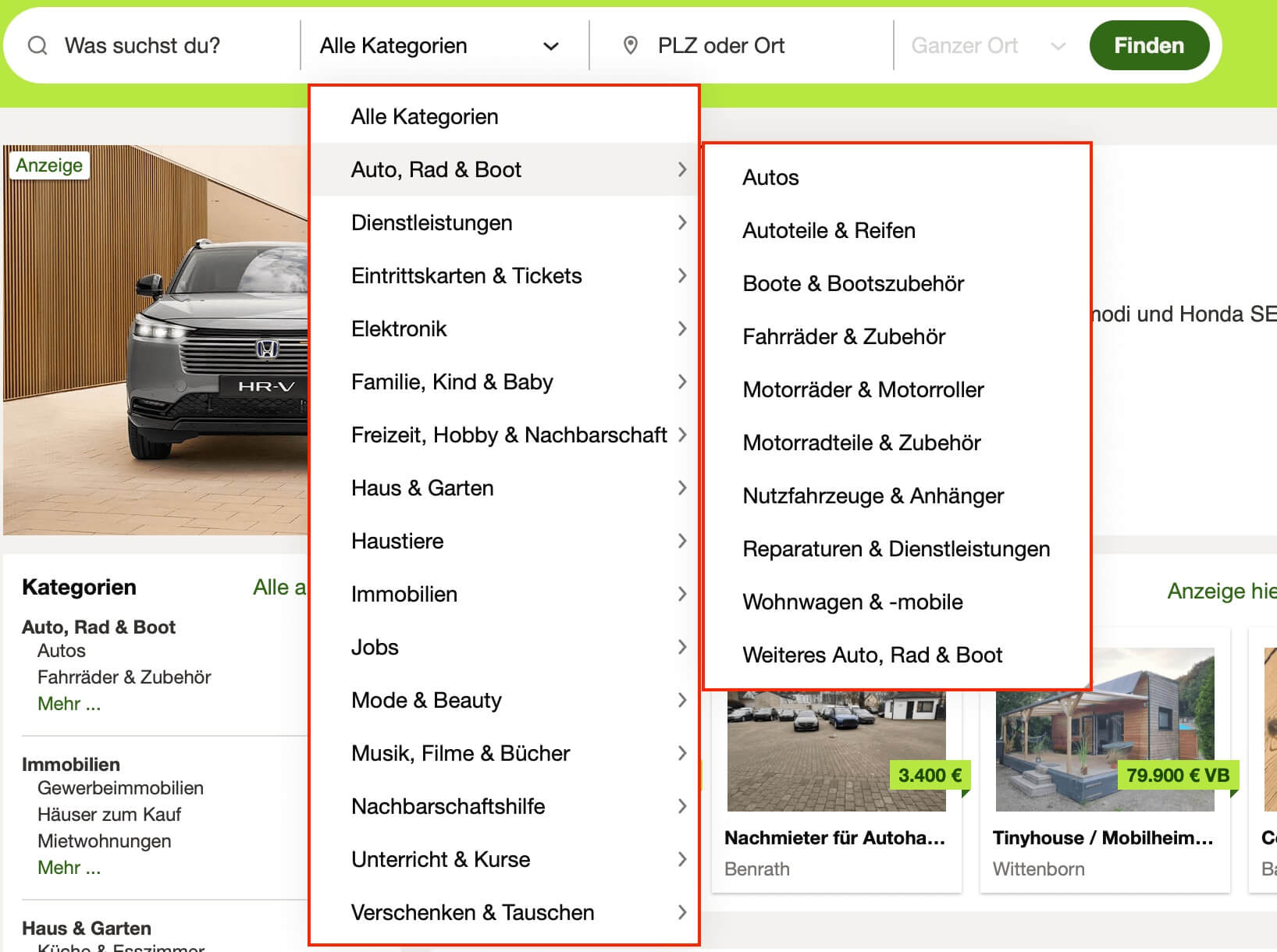 Screenshot der Website von Kleinanzeigen Screenshot der Website von Kleinanzeigen
