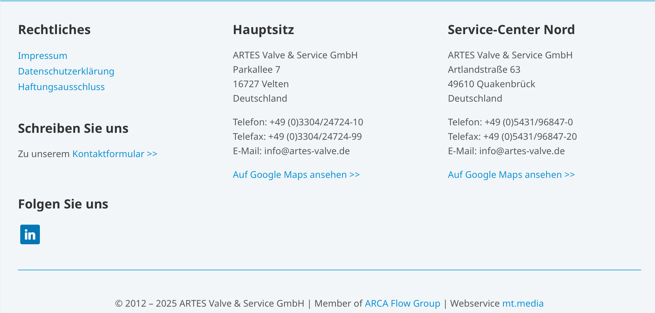Screenshot des Footers vom Industrieunternehmen ARTES Valve & Service GmbH Screenshot des Footers vom Industrieunternehmen ARTES Valve & Service GmbH