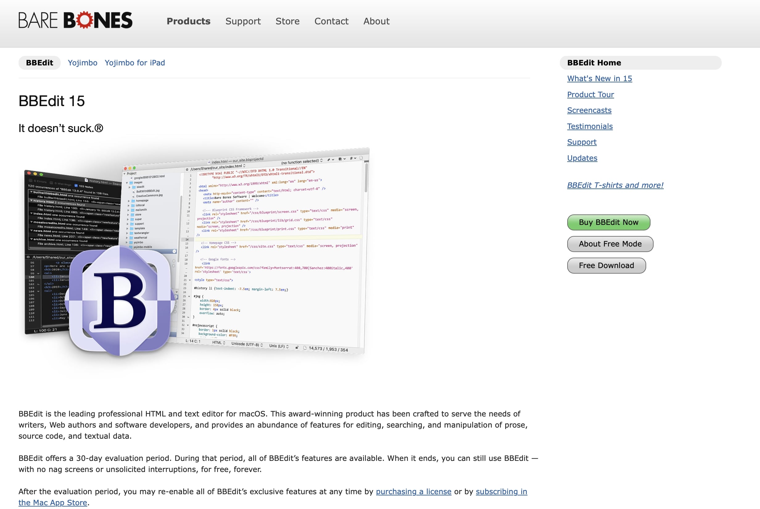 Screenshot der BBEdit Homepage Bild: Screenshot der BBEdit Homepage