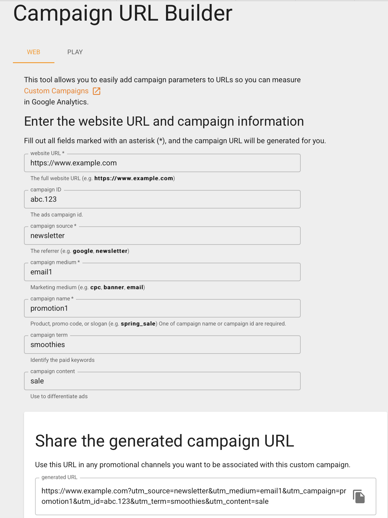 Screenshot des Google Campaign URL Builders Screenshot des Google Campaign URL Builders