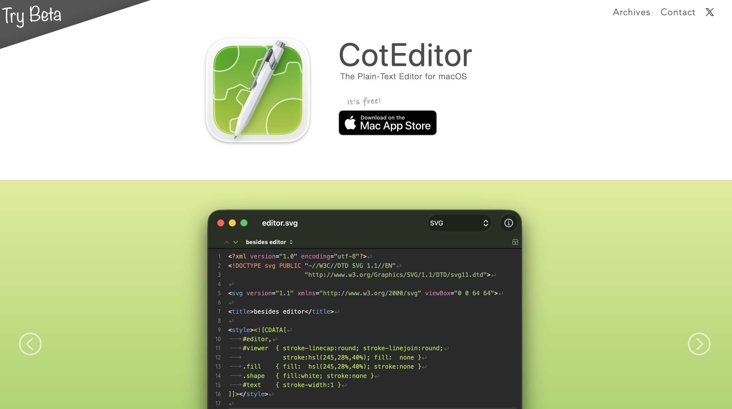 Screenshot der CotEditor Homepage Bild: Screenshot der CotEditor Homepage
