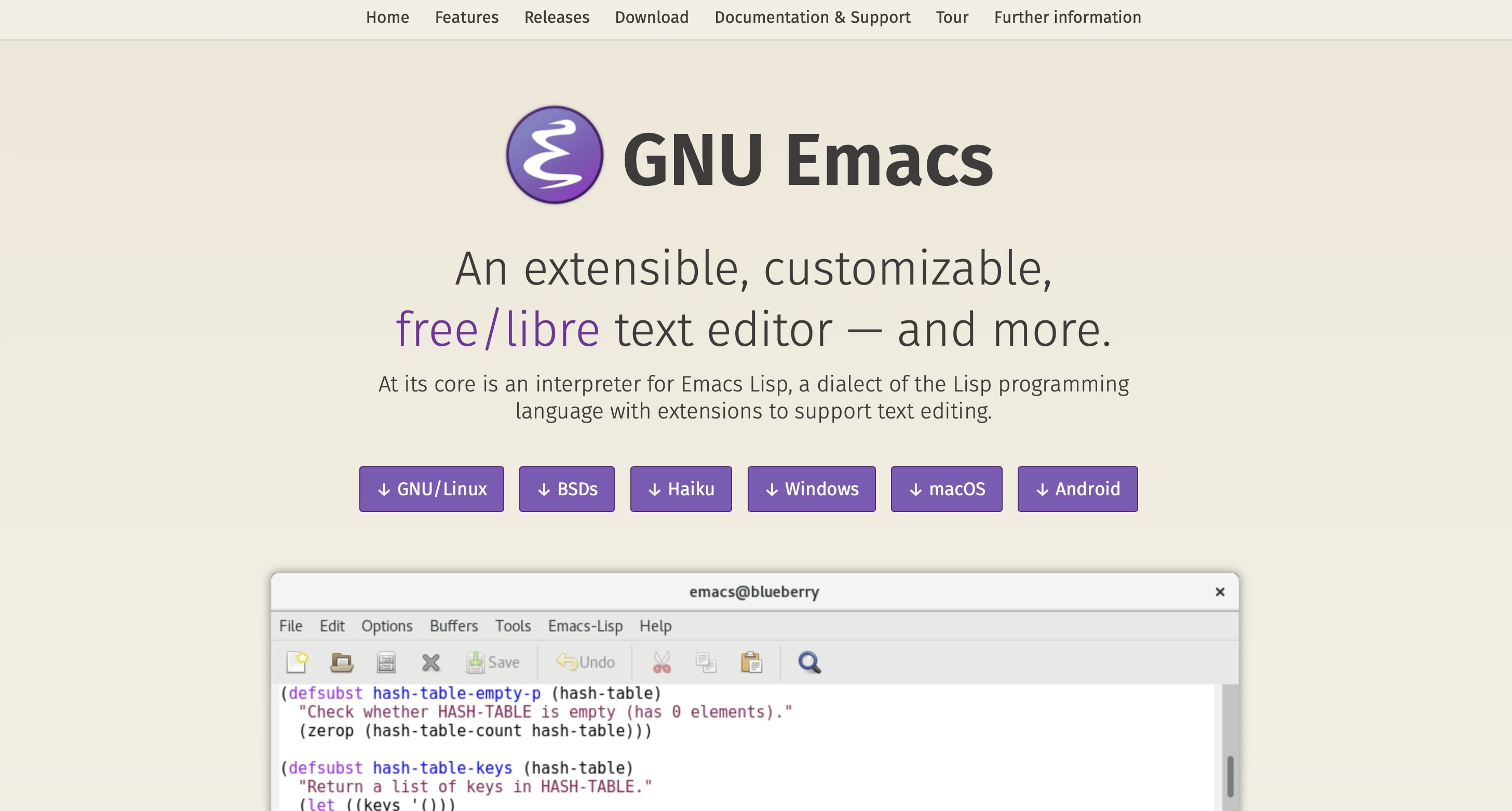 Screenshot der GNU Emacs Homepage Bild: Screenshot der GNU Emacs Homepage