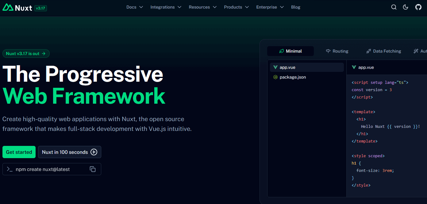 Screenshot der Website von Nuxt Bild: Screenshot der Website von Nuxt