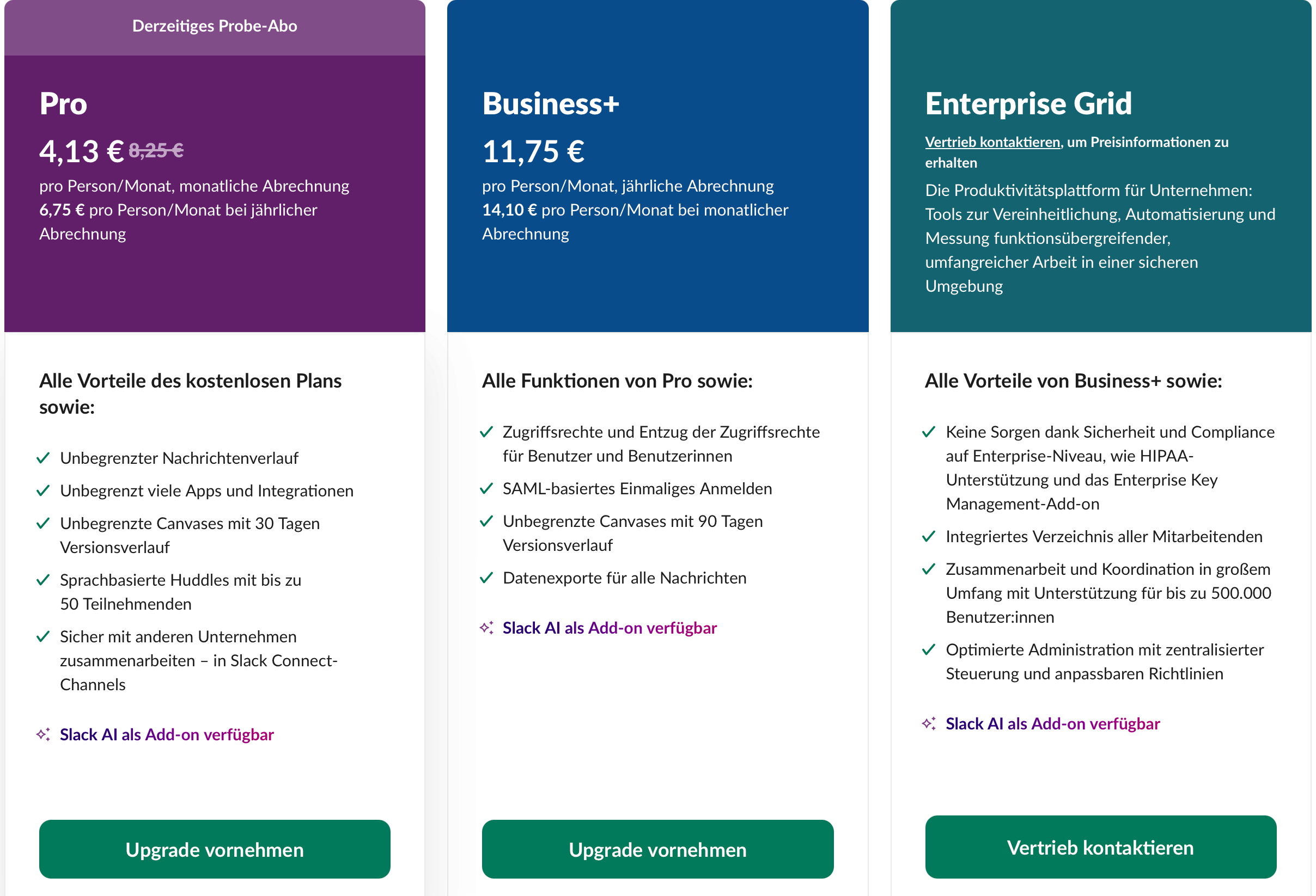 Screenshot der Tarife von Slack Screenshot der Tarife von Slack
