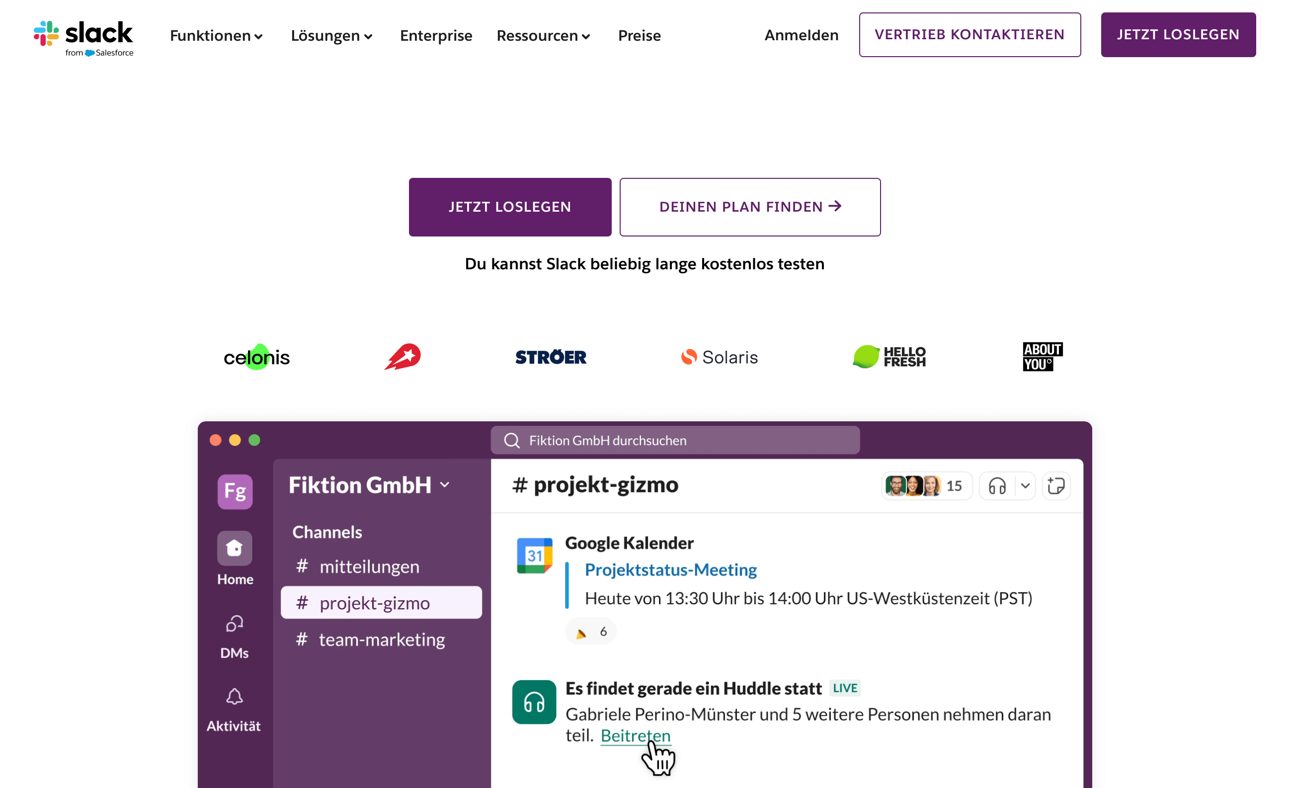 Screenshot der Website von Slack Screenshot der Website von Slack