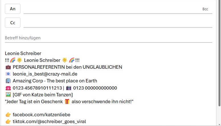 E-Mail-Signatur geschäftlich: Beispiel für verspieltes Design Bild: E-Mail-Signatur geschäftlich: Beispiel für verspieltes Design