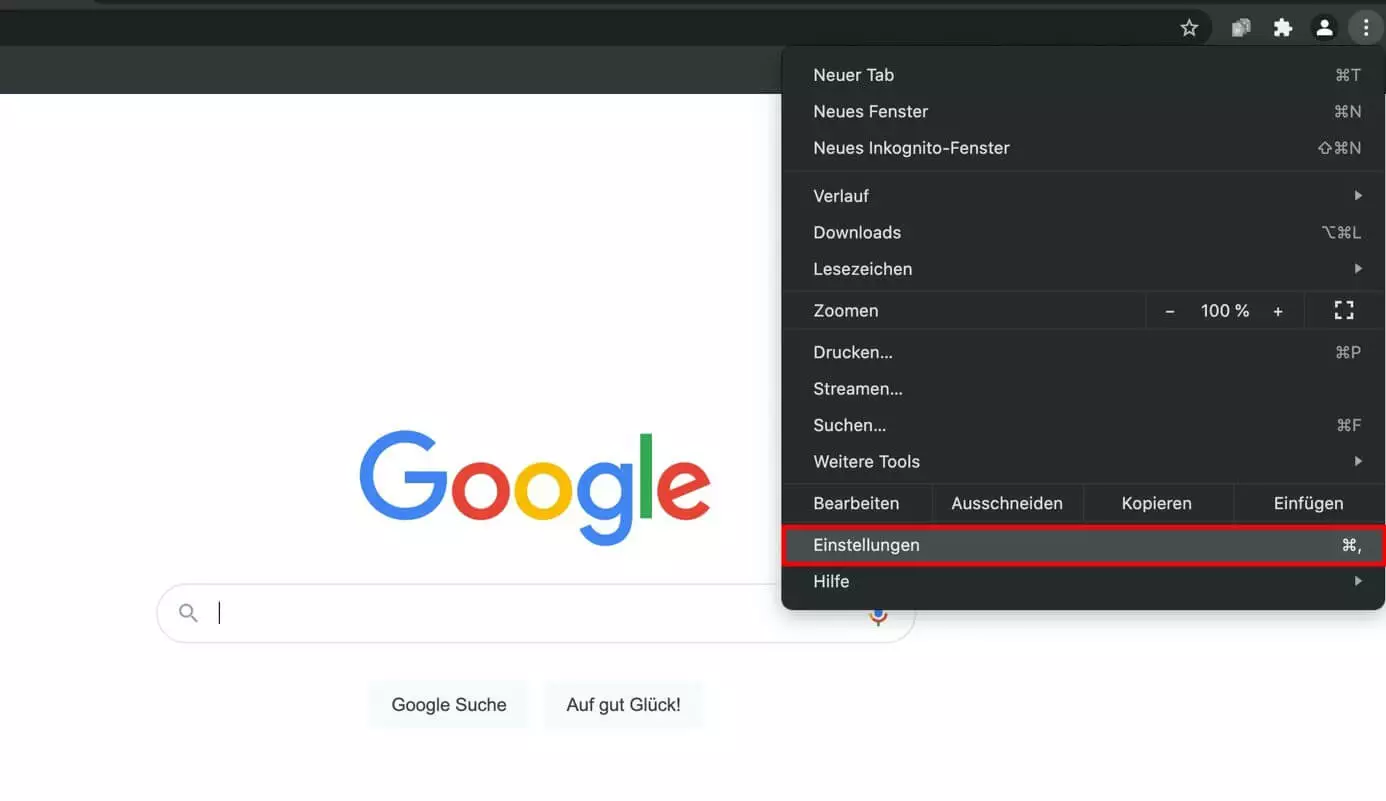Chrome: „Einstellungen“-Menüpunkt im Schnellmenü 