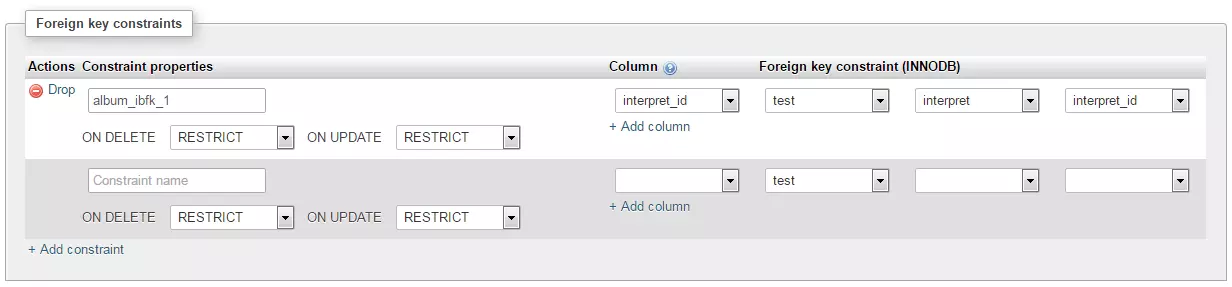 phpMyAdmin: Definierte Fremdschlüsselbeziehungen
