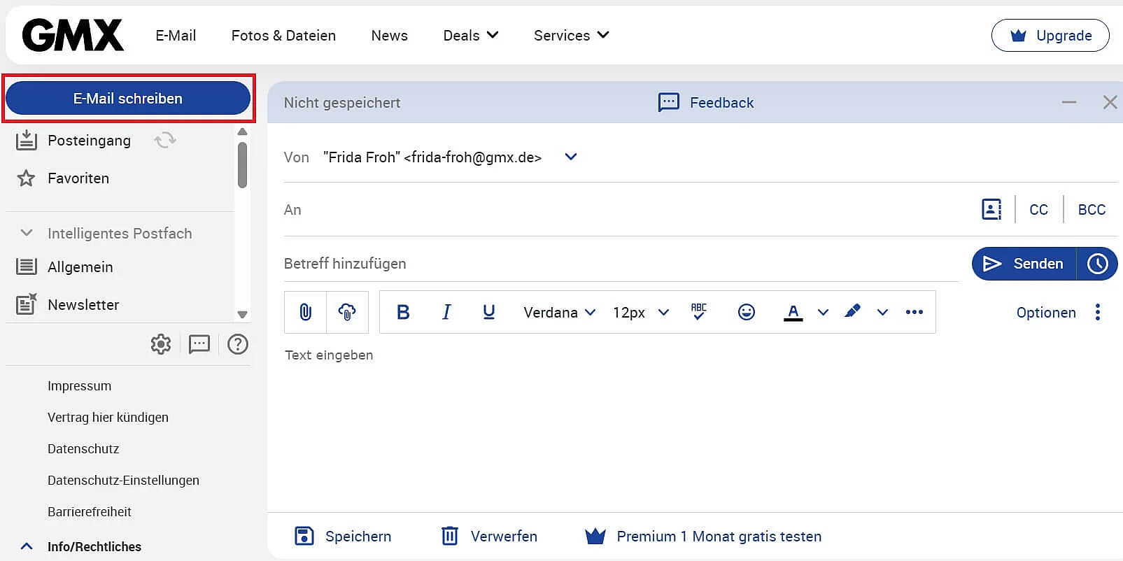 GMX-Oberfläche mit markiertem Button „E-Mail schreiben“ Bild: GMX-Oberfläche mit markiertem Button „E-Mail schreiben“