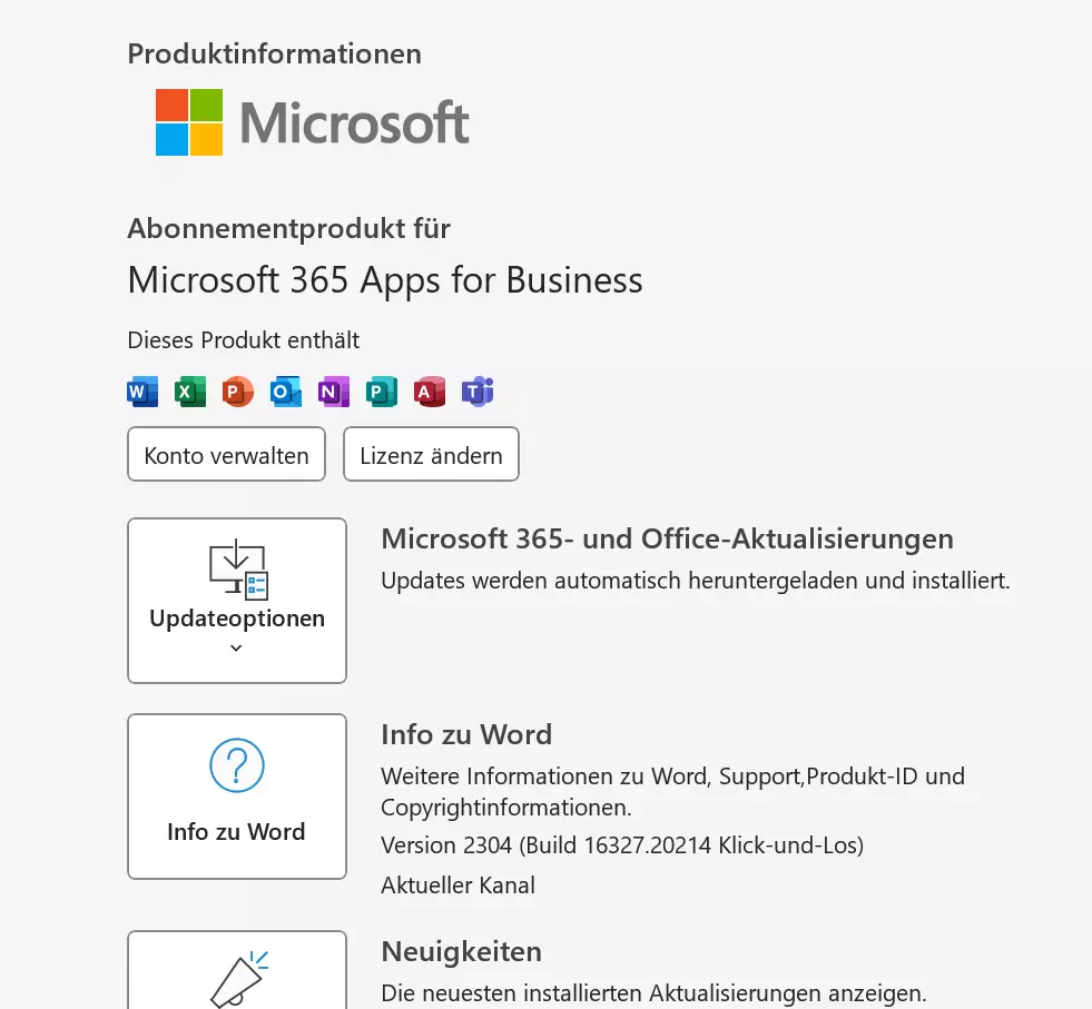 Microsoft Word 2016: Seite „Konto“ Microsoft Word 2016: Seite „Konto“