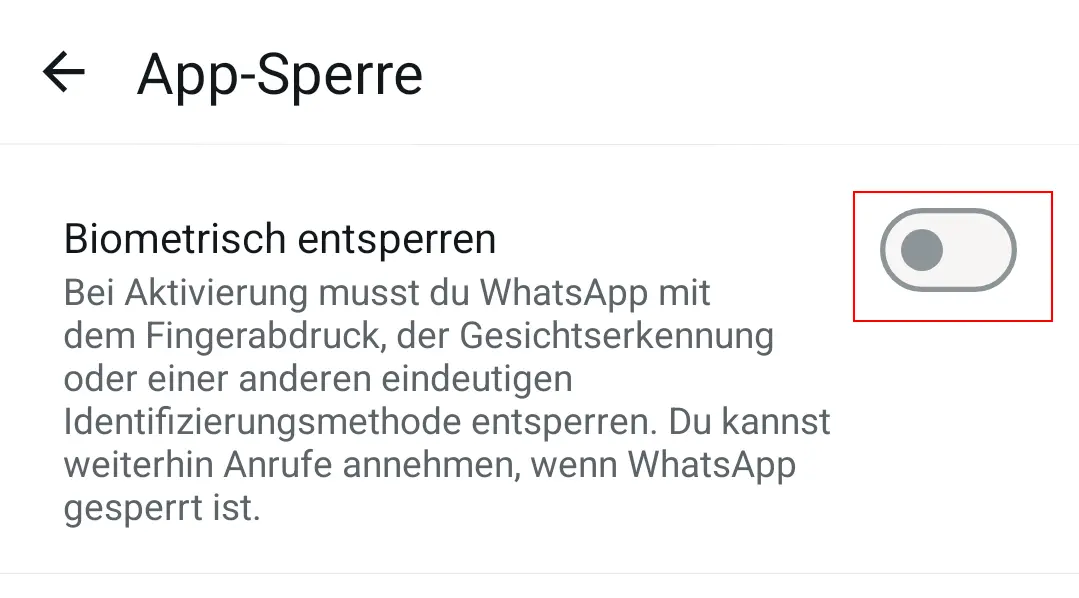 Android-Screenshot der Bildschirmsperre-Option auf WhatsApp Bild: Android-Screenshot der Bildschirmsperre-Option auf WhatsApp
