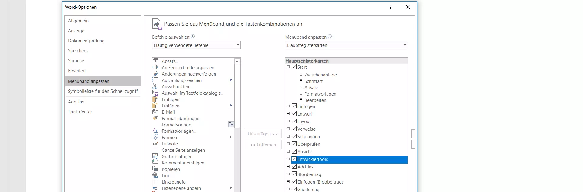 Bild: Word 2016: „Menüband anpassen“ in den Word-Optionen