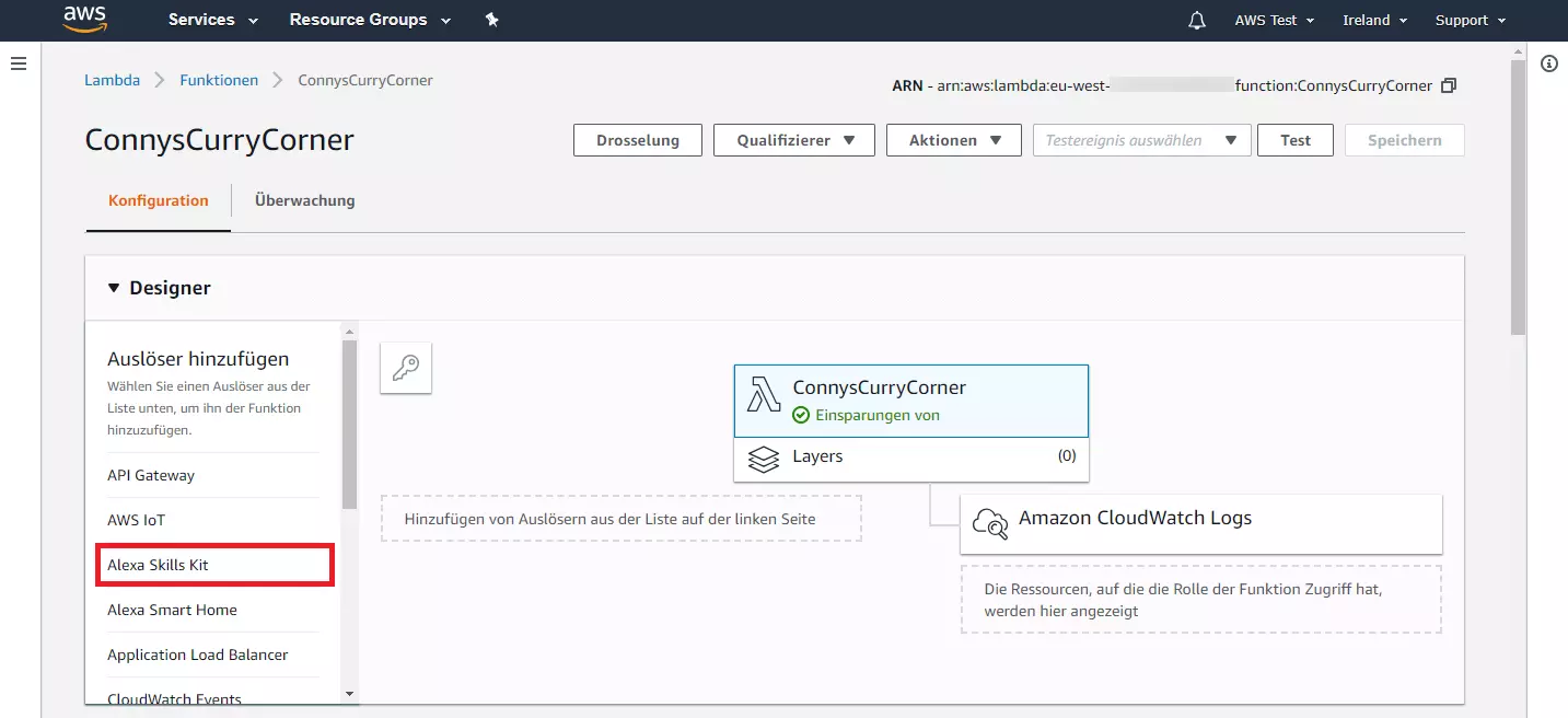 Bild: AWS-Management-Konsole: Auswahl des Triggers der Lambda-Funktion