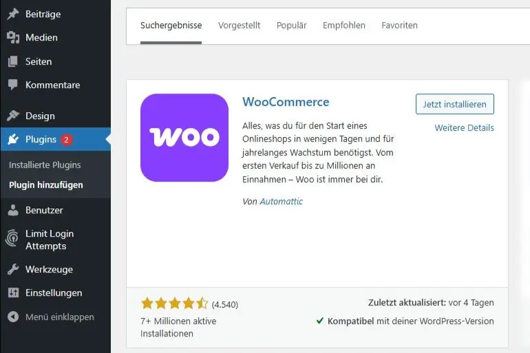 Bild: WooCommerce-Plugin in WordPress‘ Auswahlliste an verfügbaren Plugins