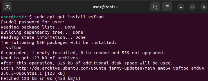 Ubuntu 22.04: vsftpd-Installation im Terminal Bild: Ubuntu 22.04: vsftpd-Installation im Terminal