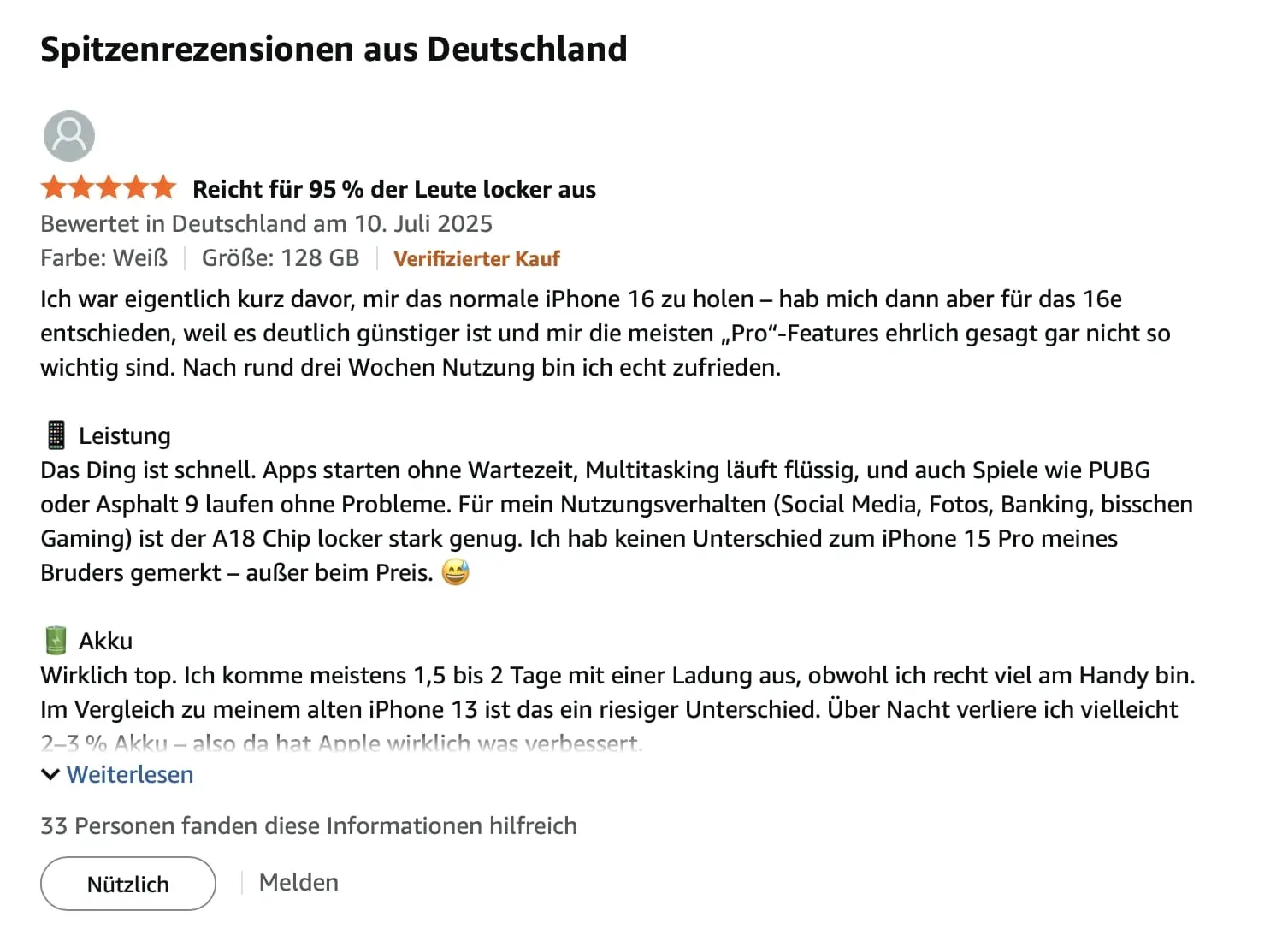Screenshot einer Amazon-Rezension zum Smartphone iPhone 16e Bild: Screenshot einer Amazon-Rezension zum Smartphone iPhone 16e