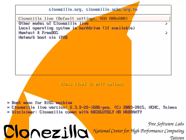 Bild: Clonezilla-Live-Boot-Menü: Menü zur Auswahl des Betriebsmodus