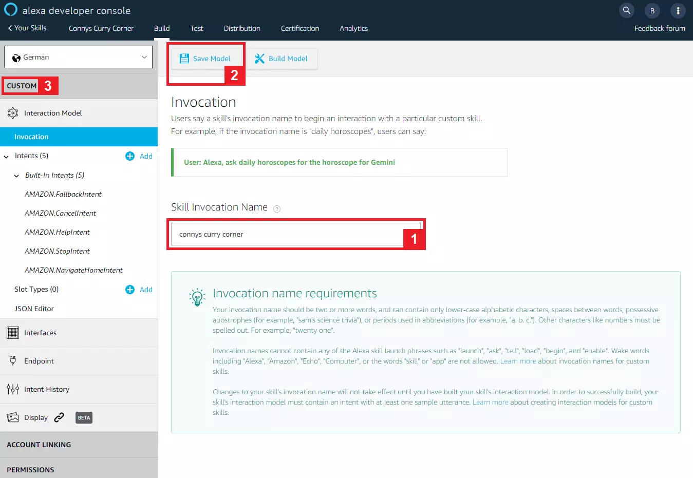 Bild: Alexa-Developer-Konsole: Definition der Invocation