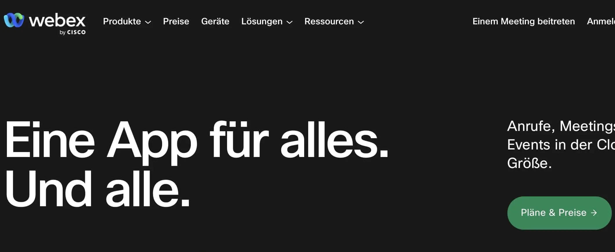 Screenshot der Webex-Website Bild: Screenshot der Webex-Website